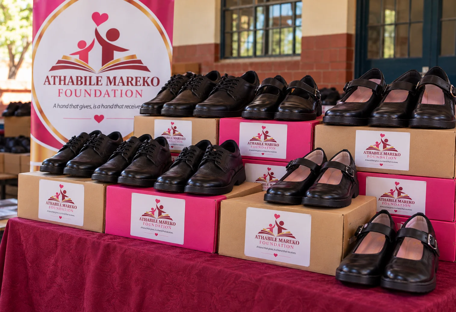Children's school shoes lined up ready for handover